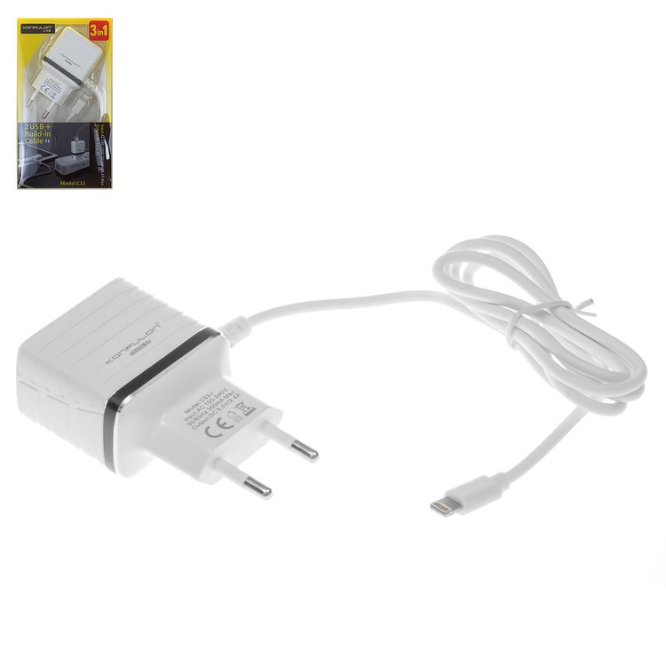 Main Charger Konfulon C33 Compatible With Apple Cell Phones 2 V 2 Usb Outputs 5v 2 4a White With Lightning Cable For Apple All Spares