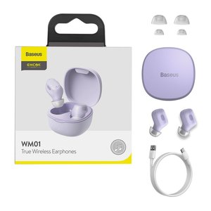 Гарнитура Baseus Encok True Wireless, фиолетовая, с зарядным кейсом, USB тип C, с USB кабелем тип C, #NGWM01 05