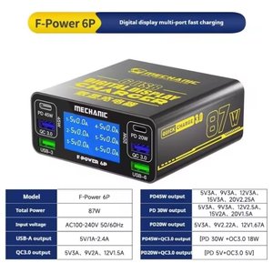 Adaptador de red Mechanic F Power 6P, 87 W, Quick Charge, Power Delivery PD , 6 puertos