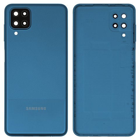 Задня панель корпуса для Samsung A127 Galaxy A12 Nacho, синя, із склом камери, з боковою кнопкою