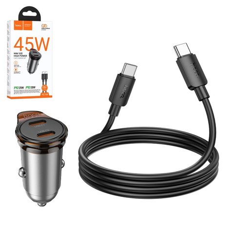 Автомобильное зарядное устройство Hoco NZ16B, черное, Power Delivery PD , c кабелем USB тип C к USB тип C, 45 Вт, 2 порта, 12 24 B, #6942007644792