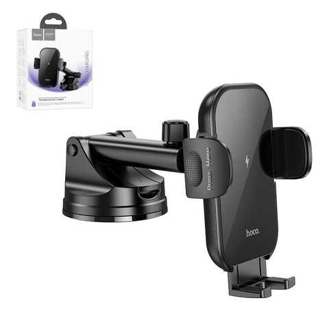 Автомобильный держатель Hoco HW5, черный, выдвижной, вакуумная присоска, с беспроводной зарядкой, c кабелем, 15 Вт, #6942007601450
