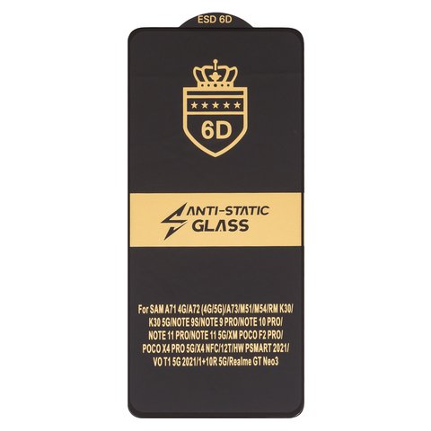 Захисне скло ESD 6D для Huawei P Smart 2021 ; Xiaomi 12T, Redmi Note 9 Pro, сумісне з чохлом, Full Glue, Anti Static, без упаковки , чорний