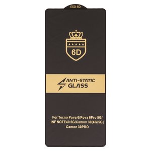 Захисне скло ESD 6D для Tecno Camon 30 CL6, CL6k , Camon 40 CM5 , Pova 6 LI7 , Pova 6 Pro LI9 ; Infinix Note 40 X6853 , Note 50 4G X6858 , сумісне з чохлом, Full Glue, Anti Static, без упаковки , чорний